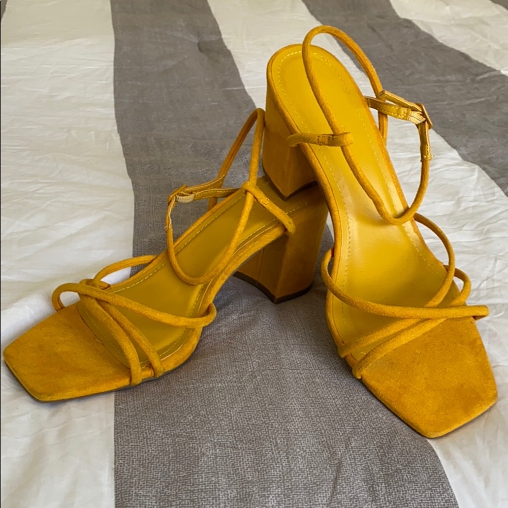 Mustard square toe heeled sandals by Bamboo